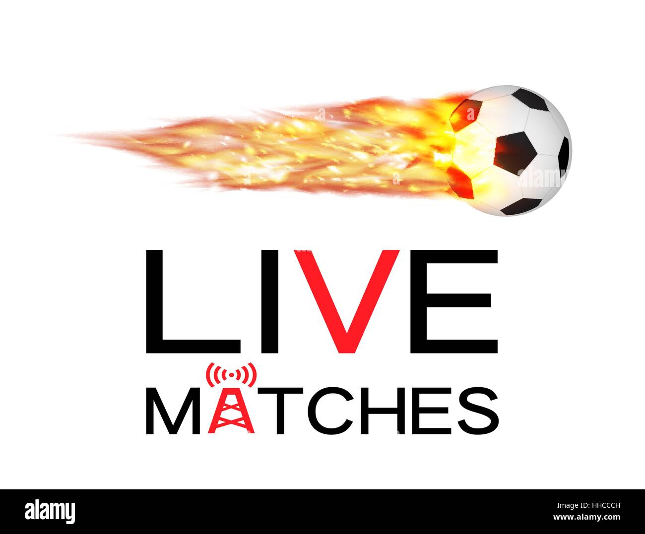 Live soccer football match con il calcio fuoco ardente logo Illustrazione Vettoriale