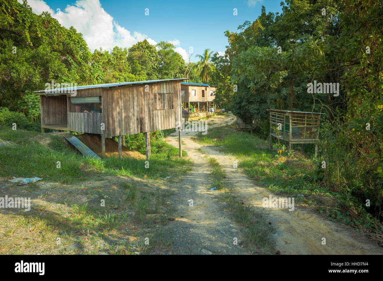 Case di villaggio su palafitte in zone rurali remote borneo Foto Stock