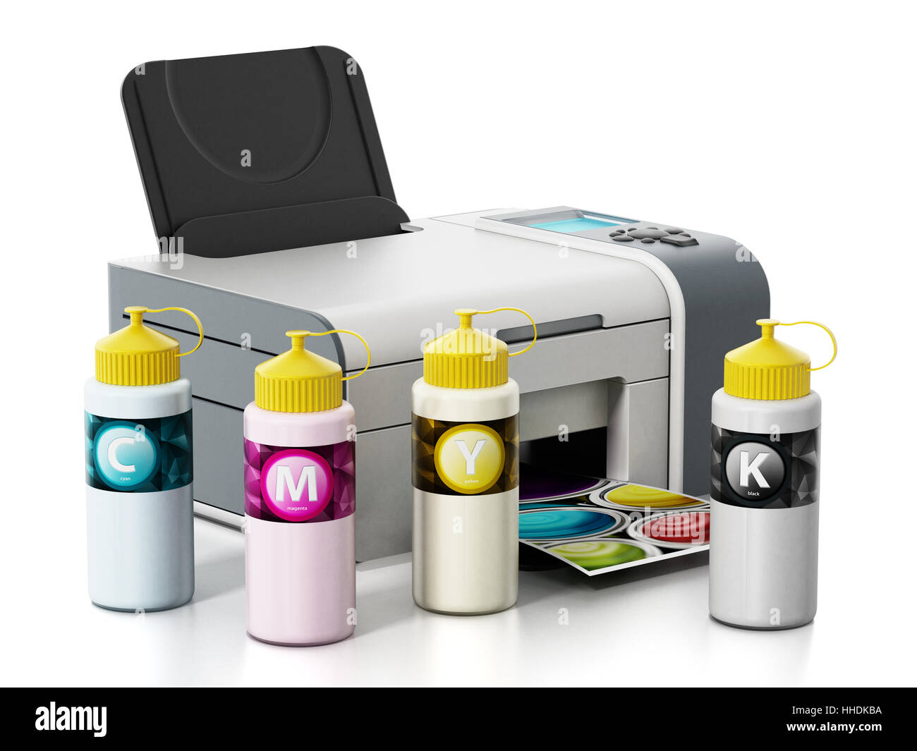 Inchiostro CMYK per il riempimento di bottiglie e la stampante a getto di inchiostro isolati su sfondo bianco. 3D'illustrazione. Foto Stock