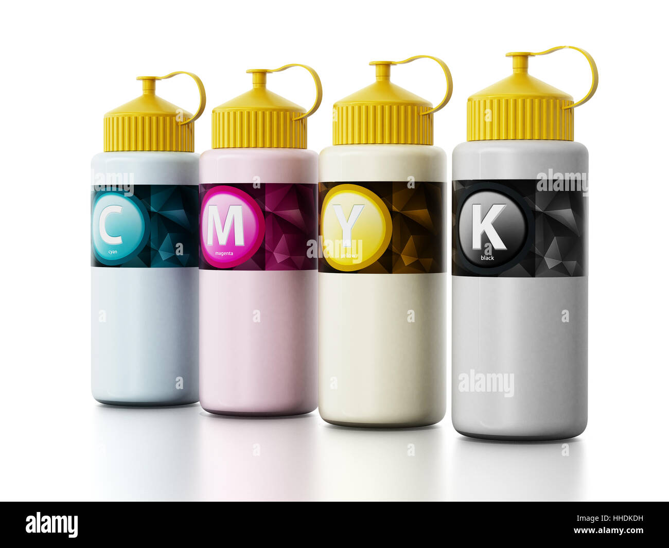 Inchiostro CMYK per il riempimento di bottiglie isolato su sfondo bianco. 3D'illustrazione. Foto Stock
