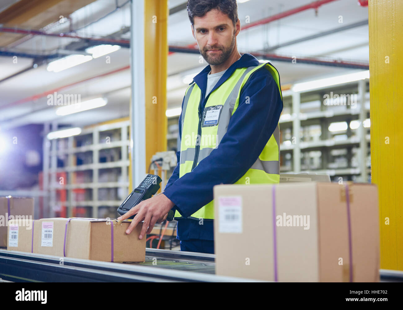 Lavoratore di scansione e di elaborazione scatole sul nastro trasportatore in magazzino di distribuzione Foto Stock