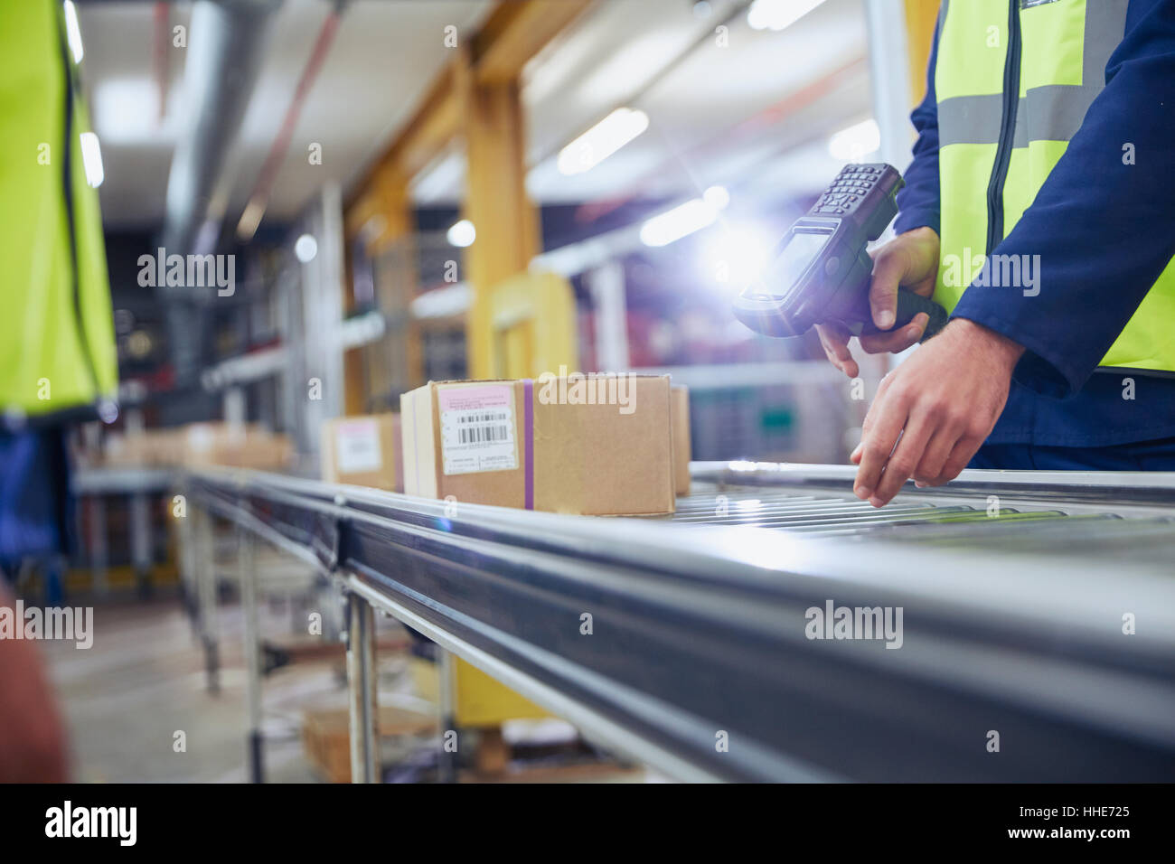 Lavoratore di scansione e di elaborazione scatole sul nastro trasportatore in magazzino di distribuzione Foto Stock