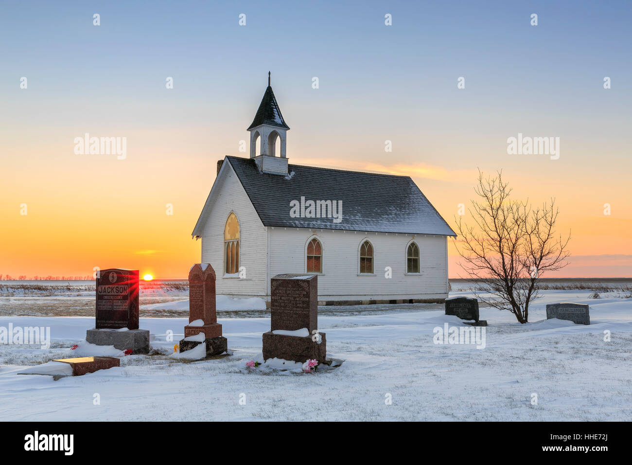 Punto di unione Chiesa Unita, l'ultimo restante struttura della città fantasma punto di unione, Manitoba, Canada. Foto Stock
