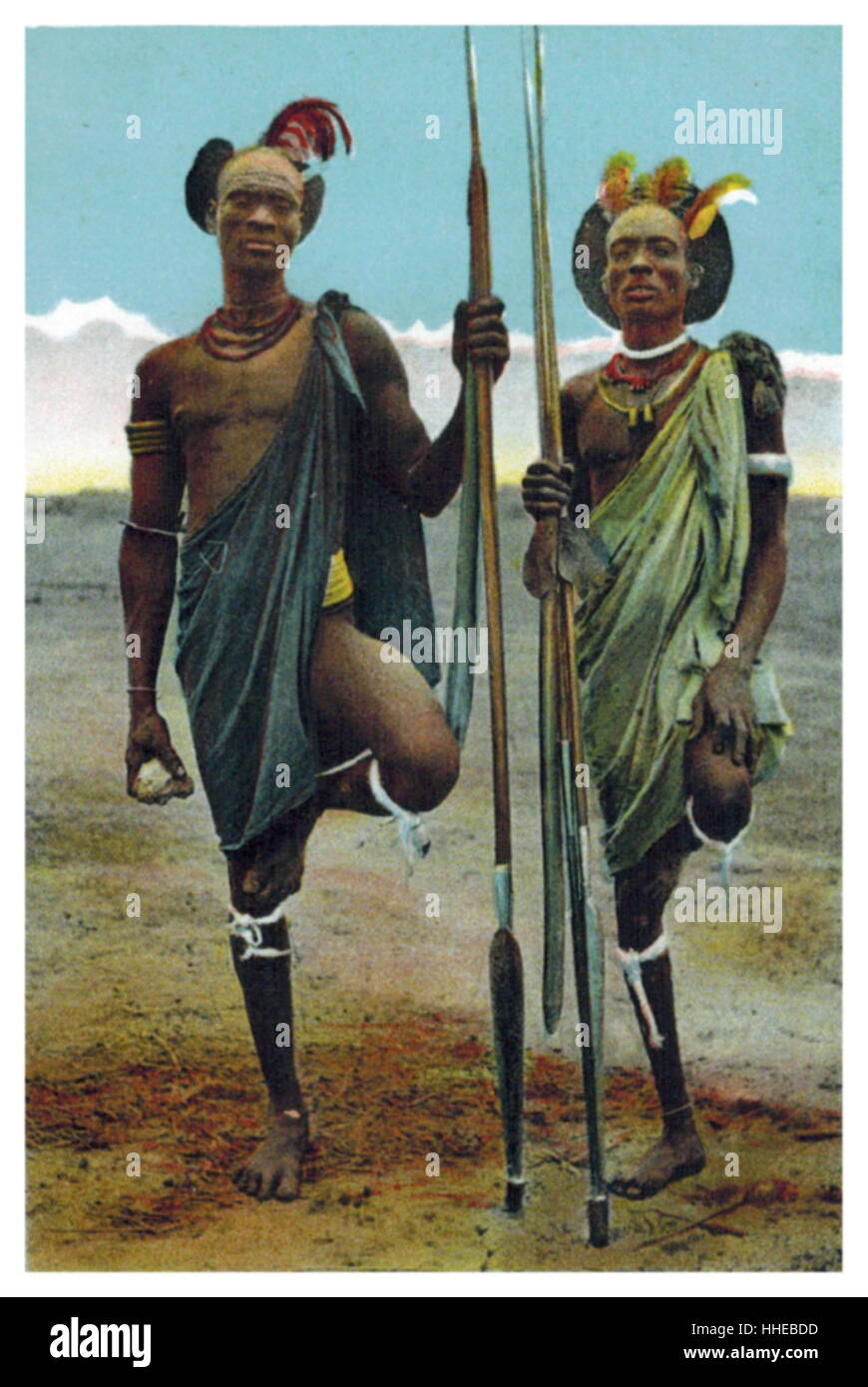 Guerrieri del Shilluk; Luo nilotica popolazioni del Sudan meridionale, che vivono su entrambe le rive del fiume Nilo circa 1910 Foto Stock