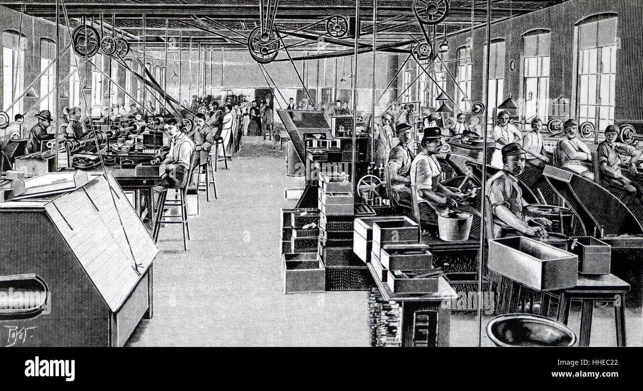 WATERMAN penna della factory di New York, mostrando macchinario essendo alimentato da alberi di overhead e cinghie. 1903. Foto Stock