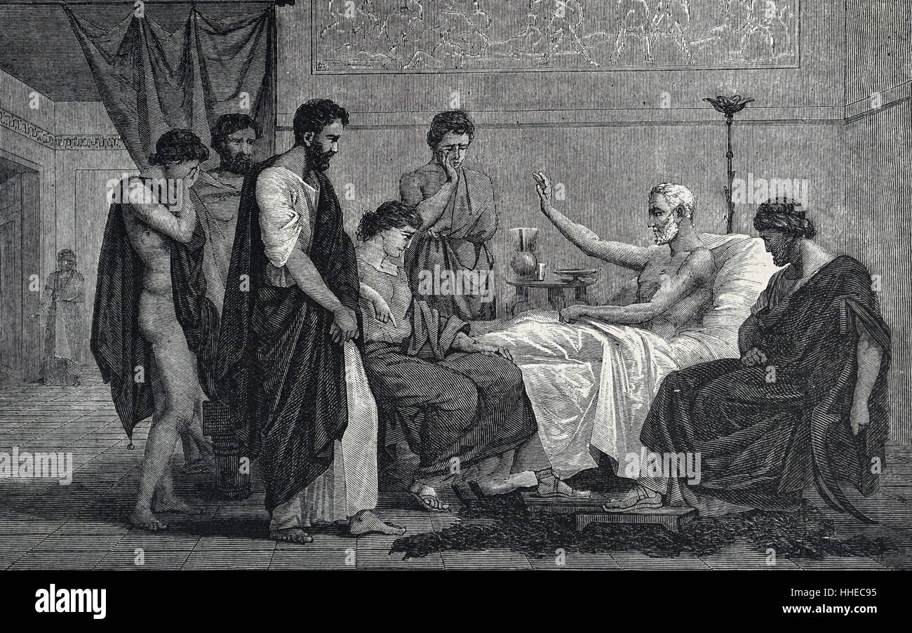 Theophrastus (C372-C287 BC) Greco antico filosofo e scienziato. Allievo di Platone e di Aristotele a cui successe come presidente del Liceo, sul letto di morte di dire addio ai suoi seguaci. Foto Stock