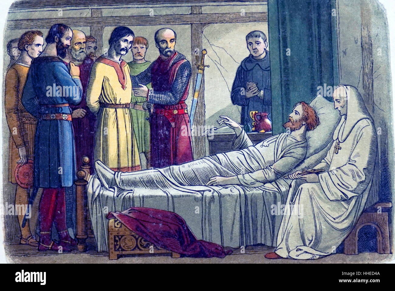Richard I, Coeur de Lion, (1157-1199), re d'Inghilterra dal 1189, sul letto di morte rimettendo la Archer chi ha ucciso lui. Foto Stock