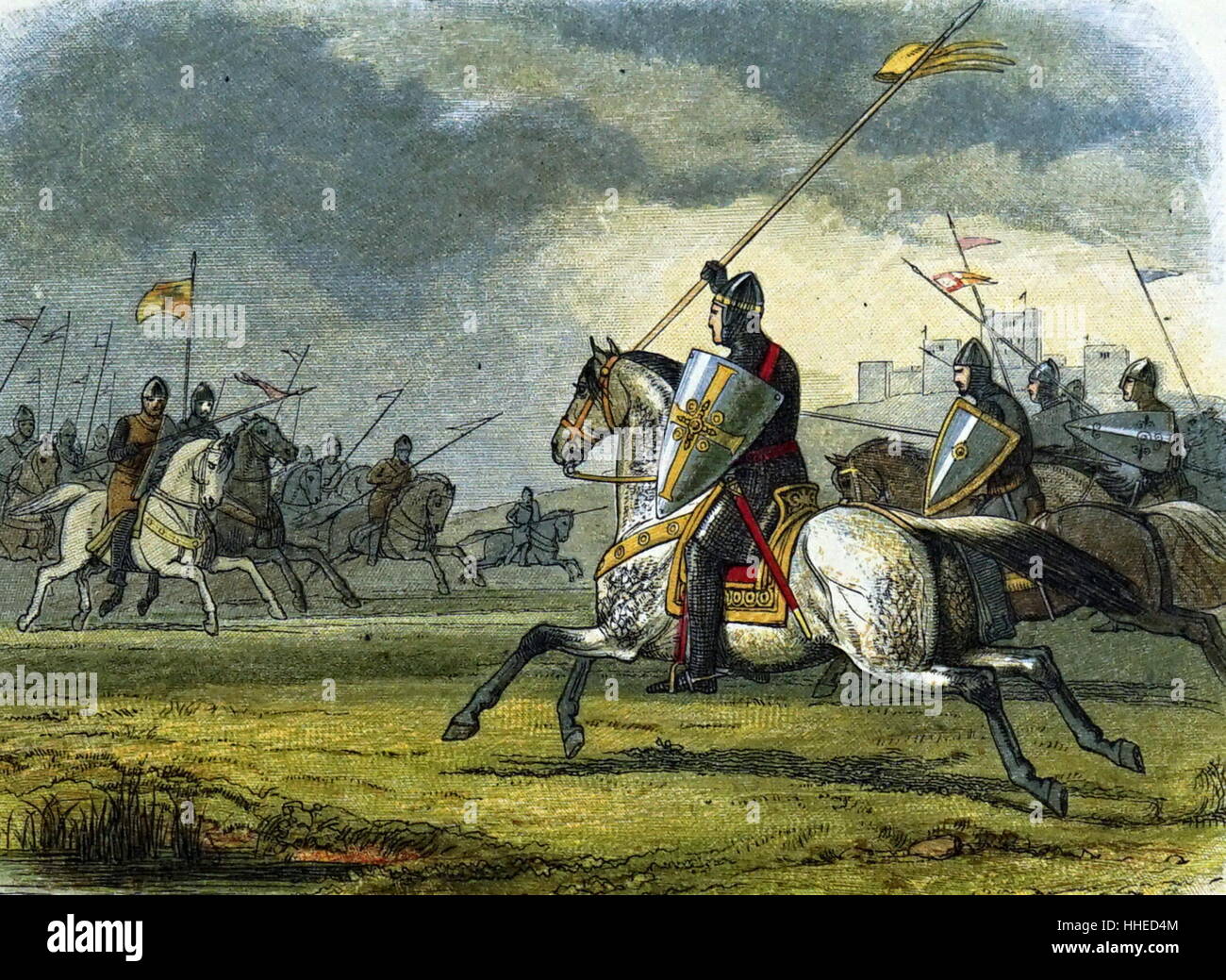 Xii secolo soldati britannici in battaglia. Cavalleria inglese in azione nel XII secolo. Foto Stock
