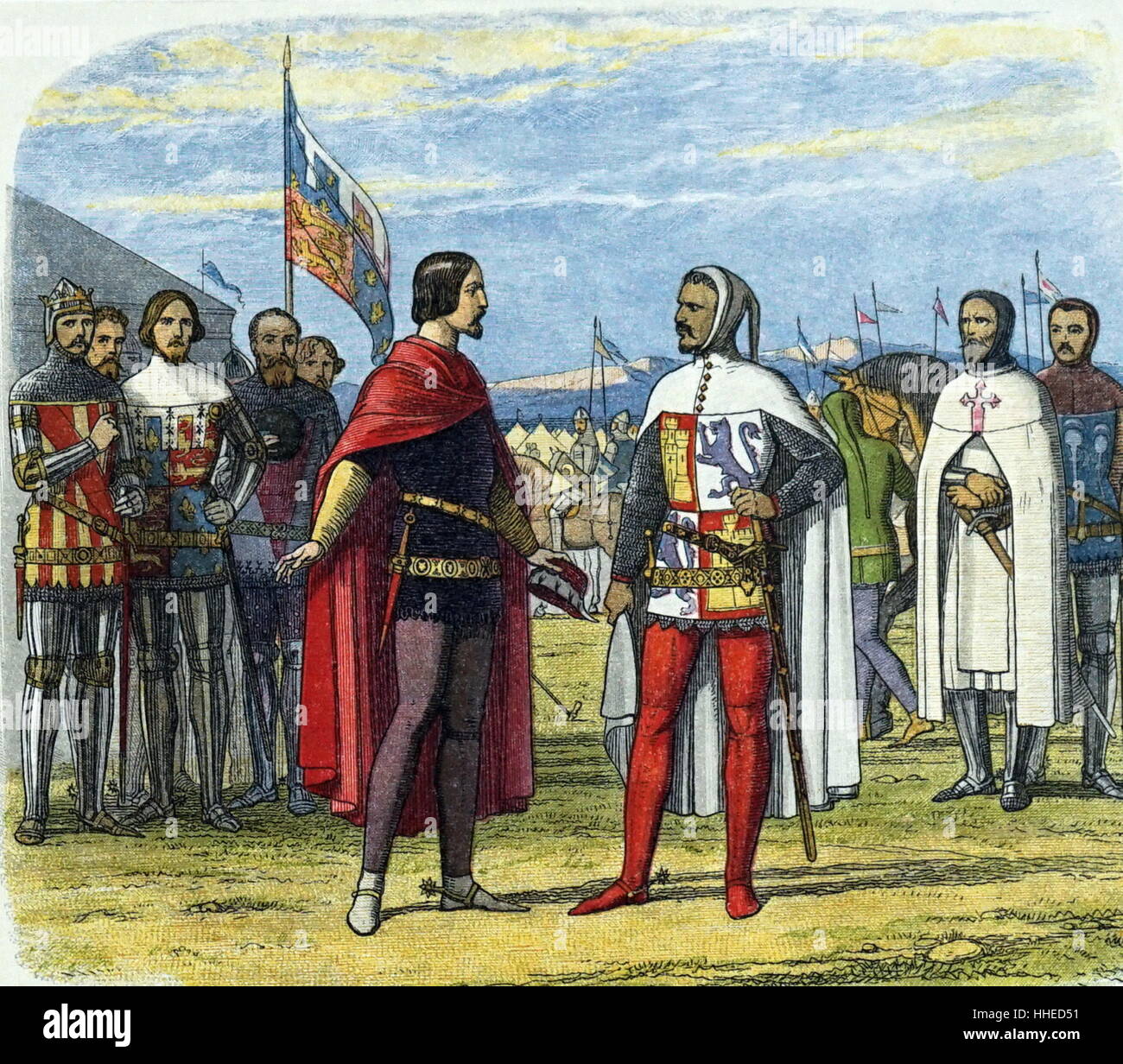 Edoardo il Principe Nero (1330-1376), inglese eroe militare, nel 1367 la richiesta di Pedro I (Peter) il crudele di Castiglia (1334-1369) il perdono per i suoi soggetti ribelle. Foto Stock