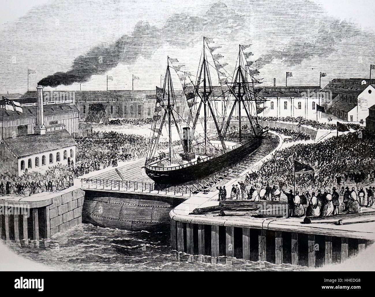 Illustrazione raffigurante l'apertura di un graving dock a Jarrow. Datata del XIX secolo Foto Stock
