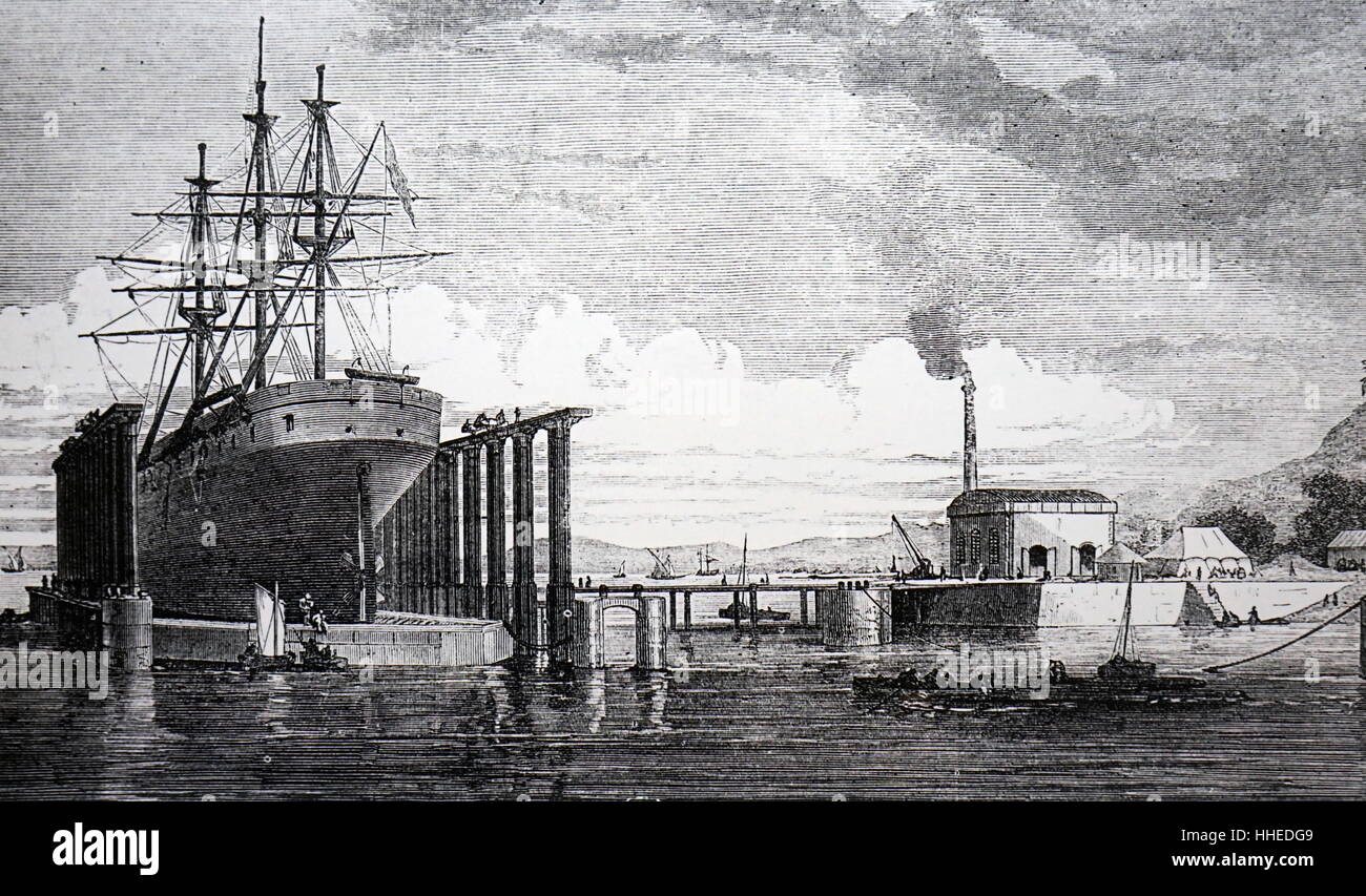 Illustrazione di un impianto idraulico di bacino galleggiante a Bombay. Datata del XIX secolo Foto Stock