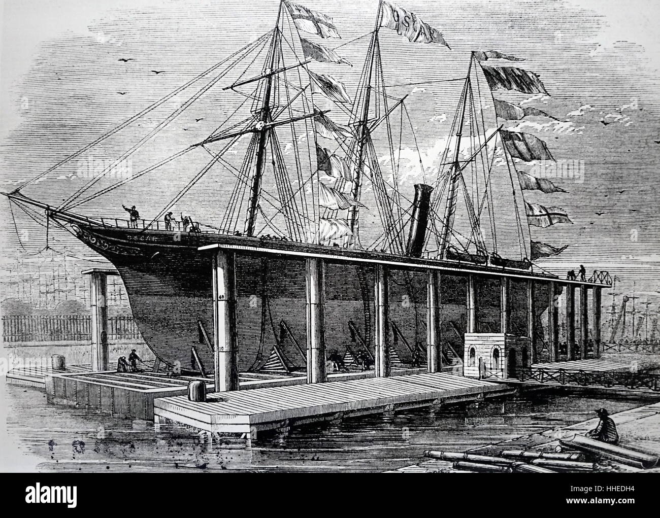 Illustrazione di un sollevatore idraulico presso il Victoria Docks. Datata del XIX secolo Foto Stock