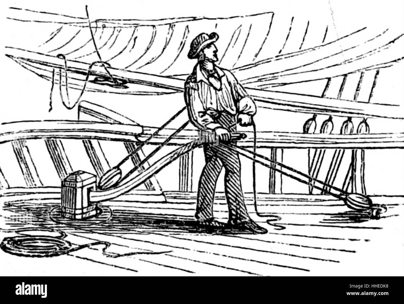 Incisione di un sollievo affrontare è affrontare impiegando uno o più tubazioni attaccate ad un recipiente del meccanismo di sterzo, per assistere o sostituto per il whipstaff o nave volante di sterzo delle imbarcazioni. Datata del XIX secolo Foto Stock