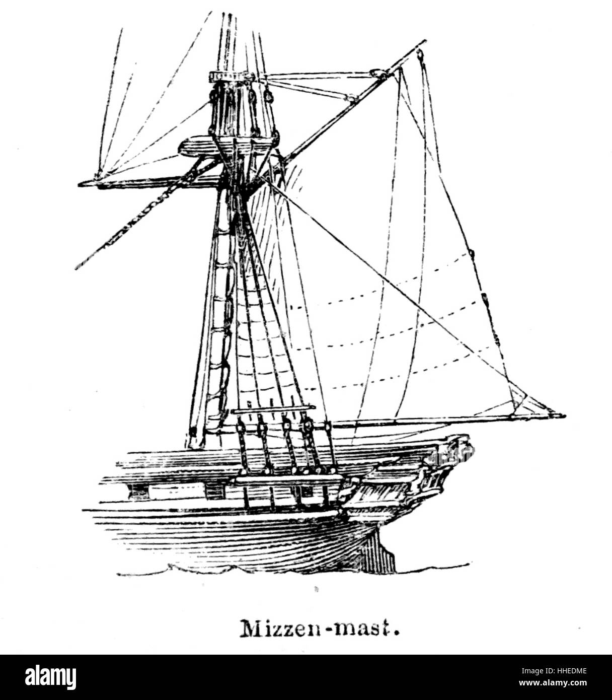 Incisione raffigurante un montante di Mezzana, il terzo montante sulla poppa di una imbarcazione a vela aventi tre o più montanti. Datata del XIX secolo Foto Stock