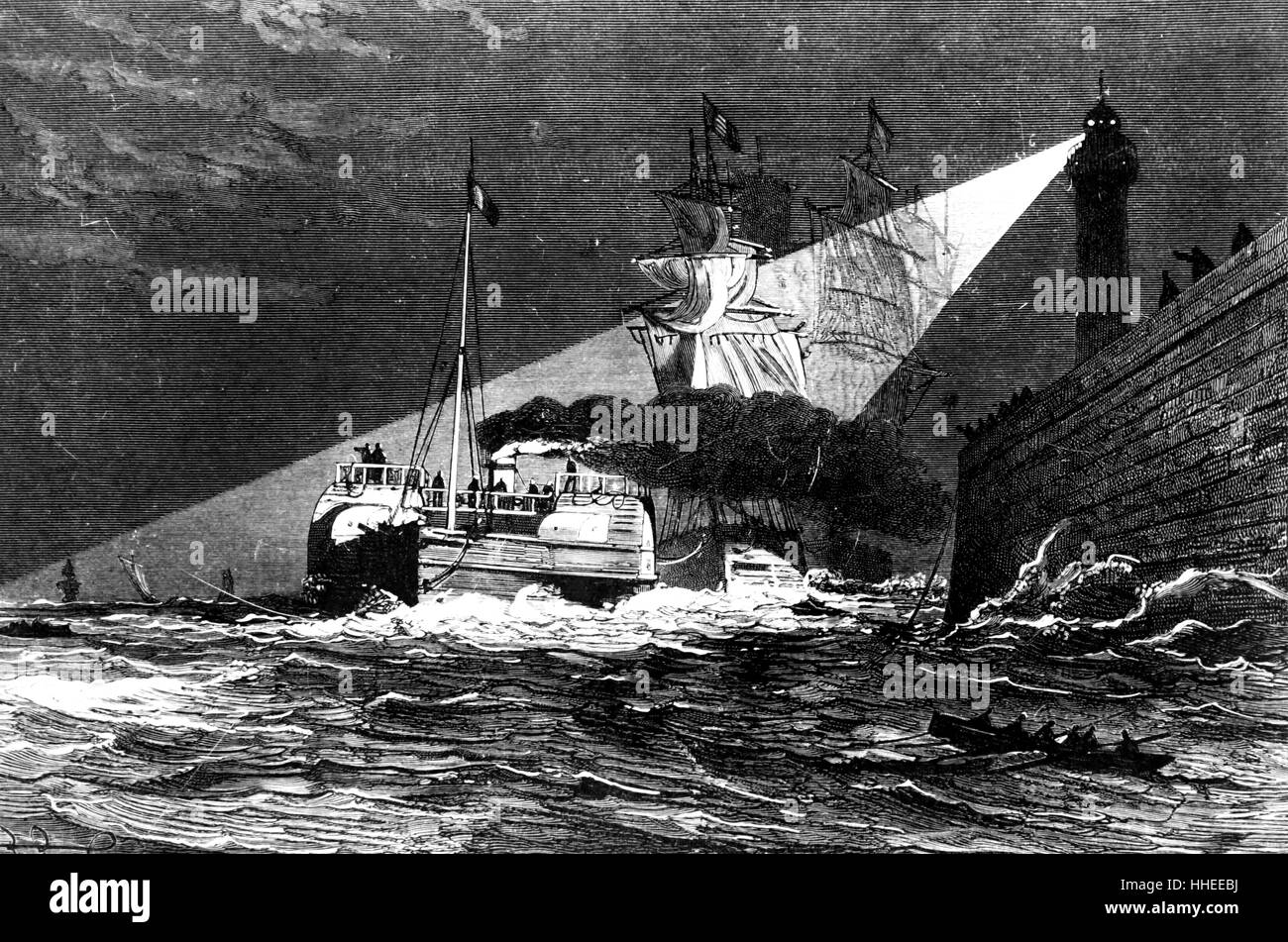 Incisione raffigurante un faro, luce, la guida di una nave in porto di notte. Datata del XIX secolo Foto Stock Incisione raffigurante un faro, luce, la guida di una nave in porto di notte. Datata del XIX secolo Foto Stock
