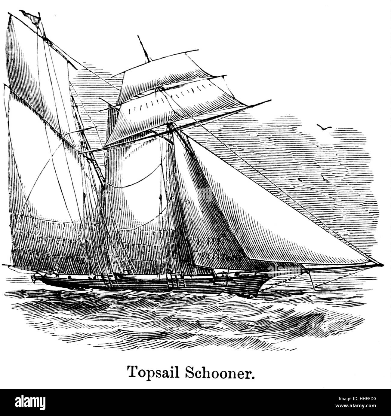 Incisione di una goletta, una nave a vela con due o più antenne, tipicamente con il foremast minore l'albero maestro. Datata del XIX secolo Foto Stock