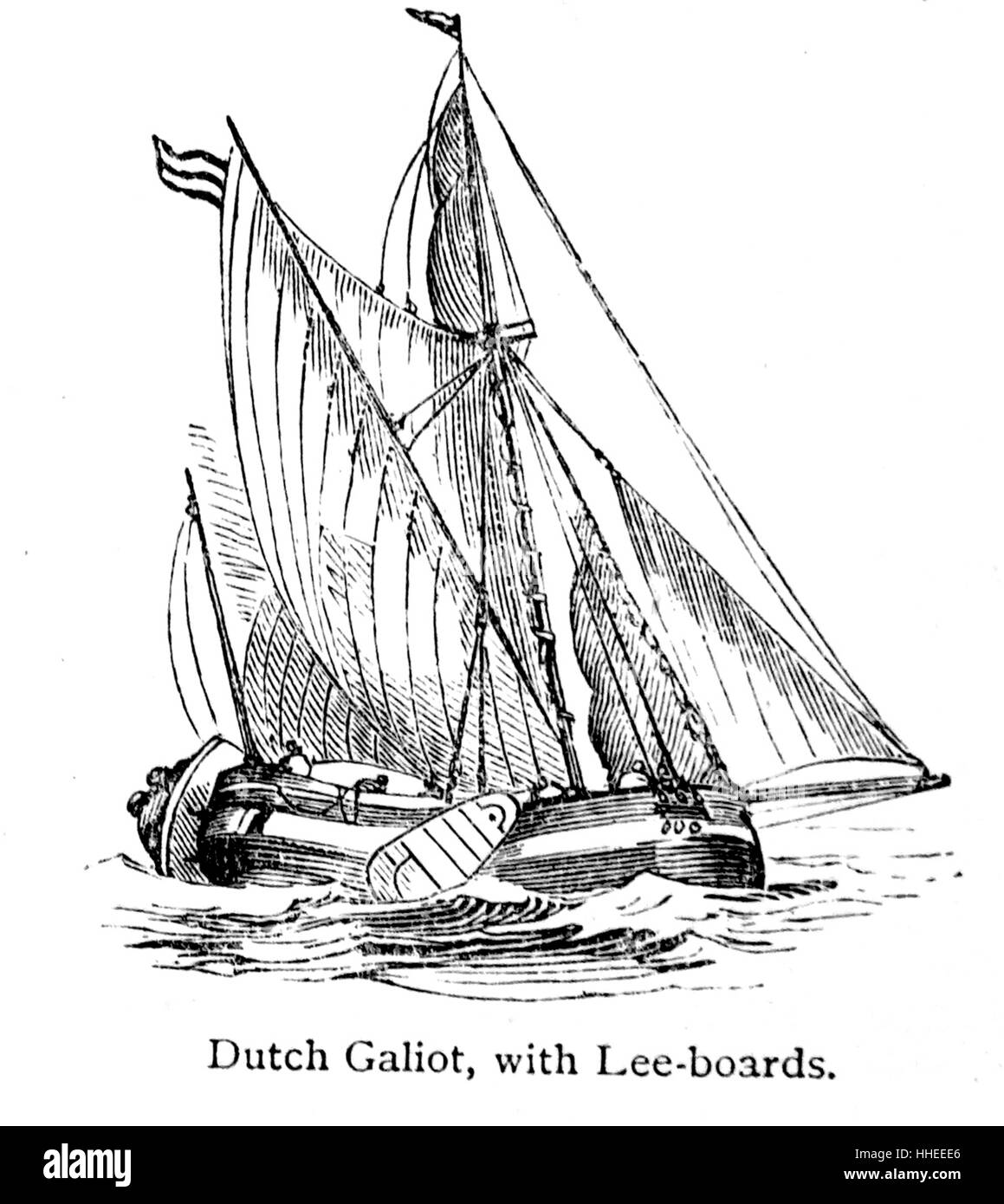 Incisione di una Galliot, un tipo di francese a fondo piatto in barca sul fiume o Inclus. Datata del XIX secolo Foto Stock