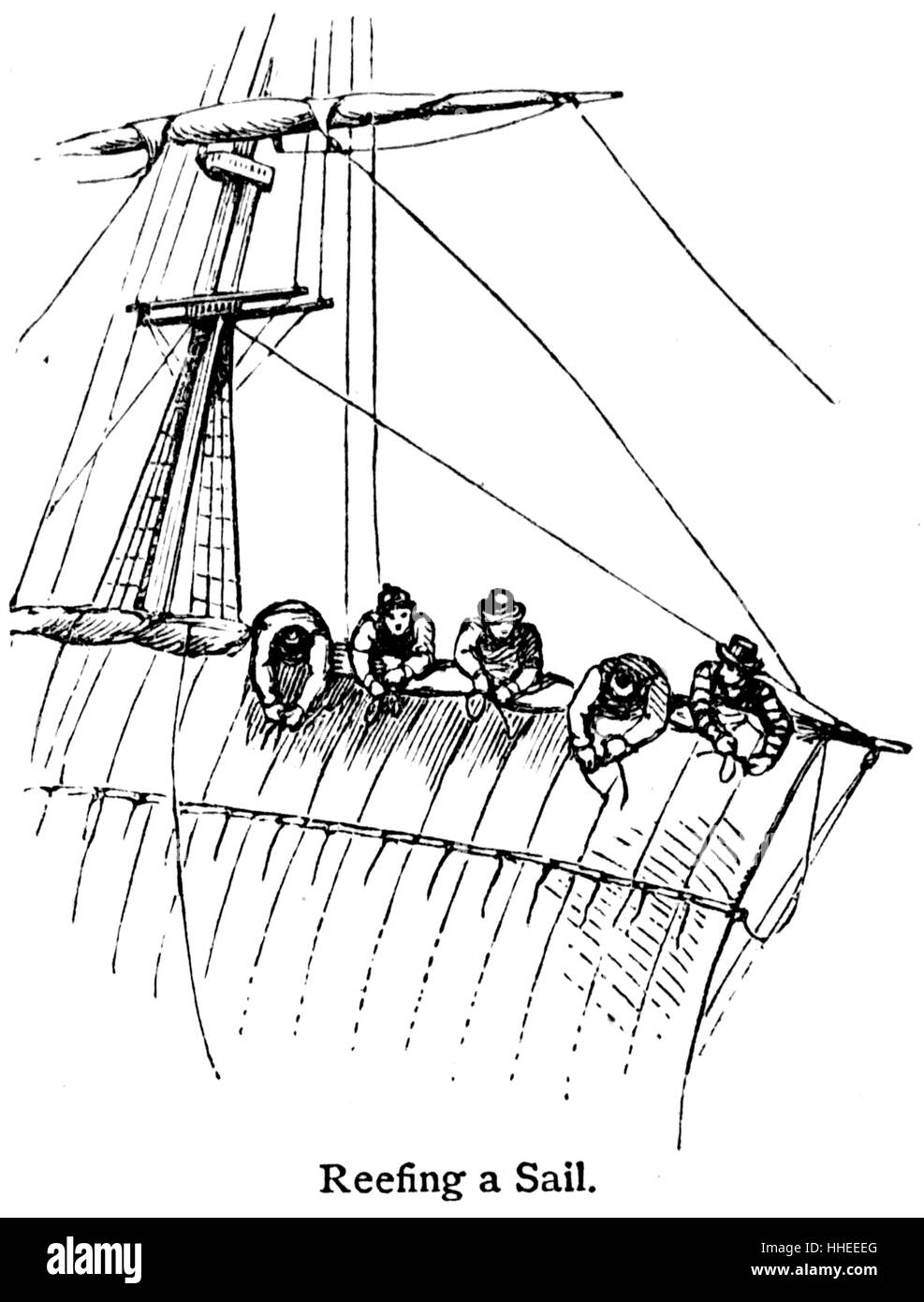 Illustrazione raffigurante la presa di terzaroli della vela, che riduce la vela prendendo in uno o più barriere coralline. Datata del XIX secolo Foto Stock