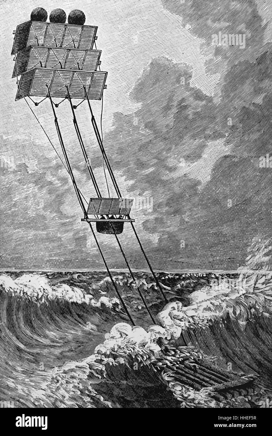 Incisione raffigurante un'aria e mare macchina volante con un sospeso che viaggiano in auto. Datata del XIX secolo Foto Stock