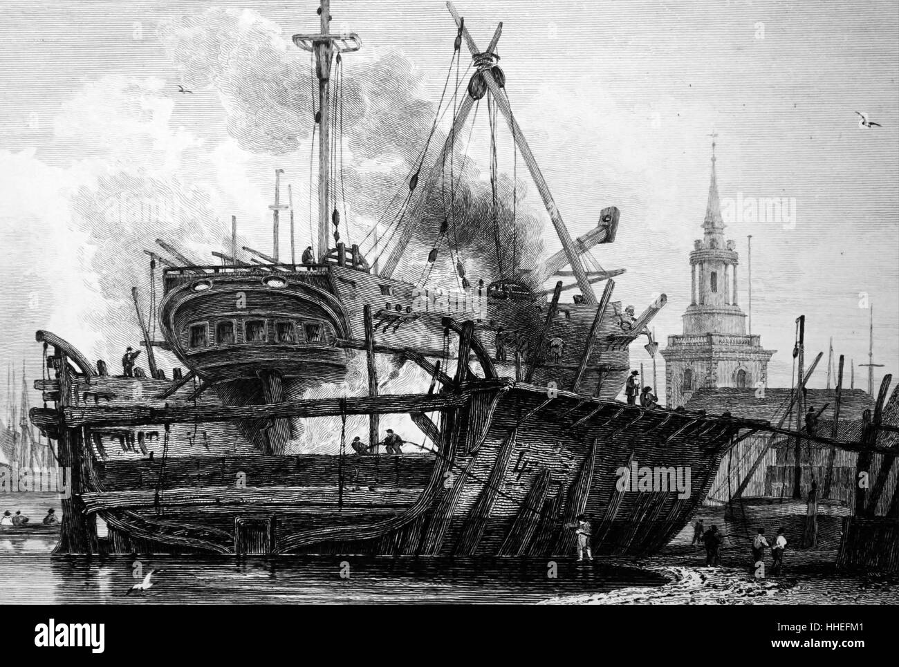 Incisione di una nave in un bacino di carenaggio di Rotherhithe. Datata del XIX secolo Foto Stock