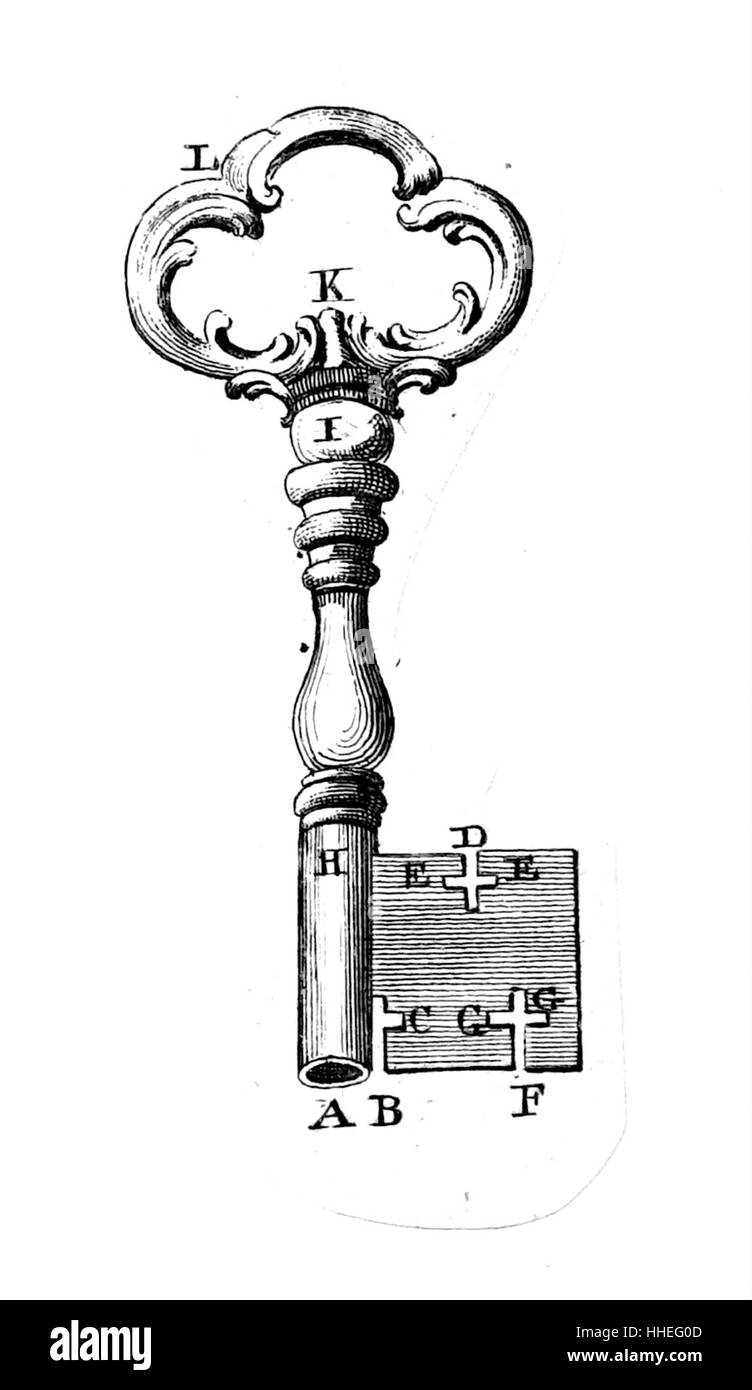 Illustrazione raffigurante una chiave per un lucchetto arabo . Datata del XIX secolo Foto Stock