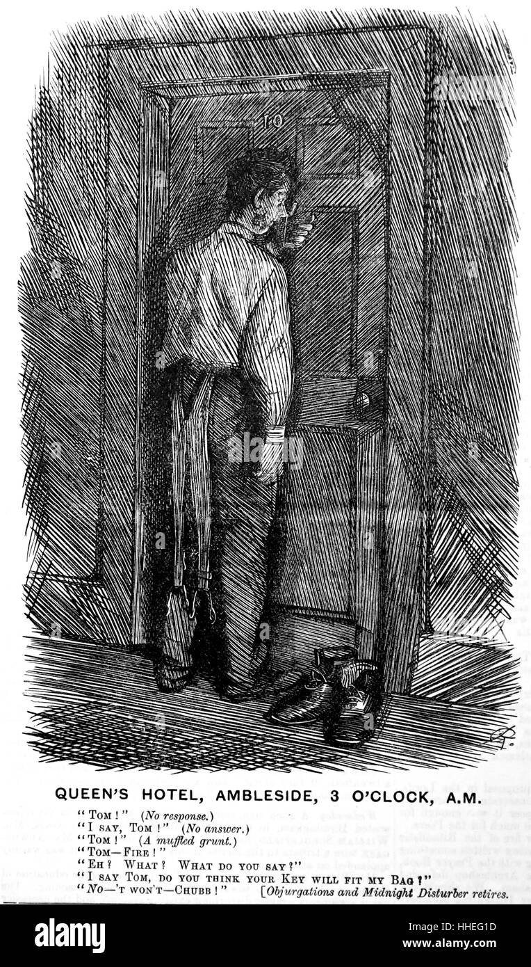 Illustrazione evidenziando la sicurezza di Chubb & Figlio porta fissata in una maniera comica. Datata del XIX secolo Foto Stock