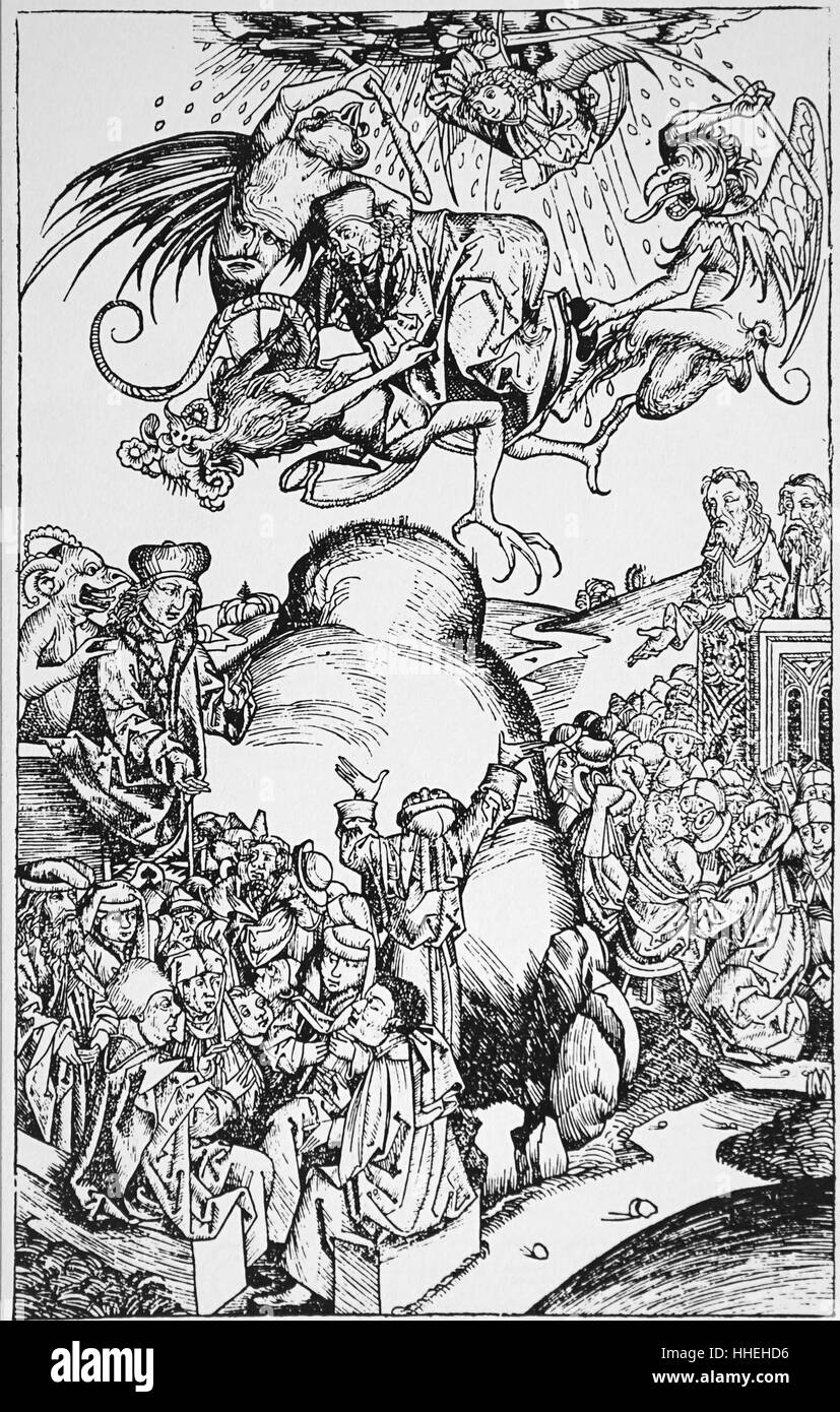 Incisione raffigurante una figura dell'Anticristo da Lucas Cranach il Vecchio (1472-1553) un artista del Rinascimento tedesco e printmaker in xilografia e incisione. Datata xv secolo Foto Stock