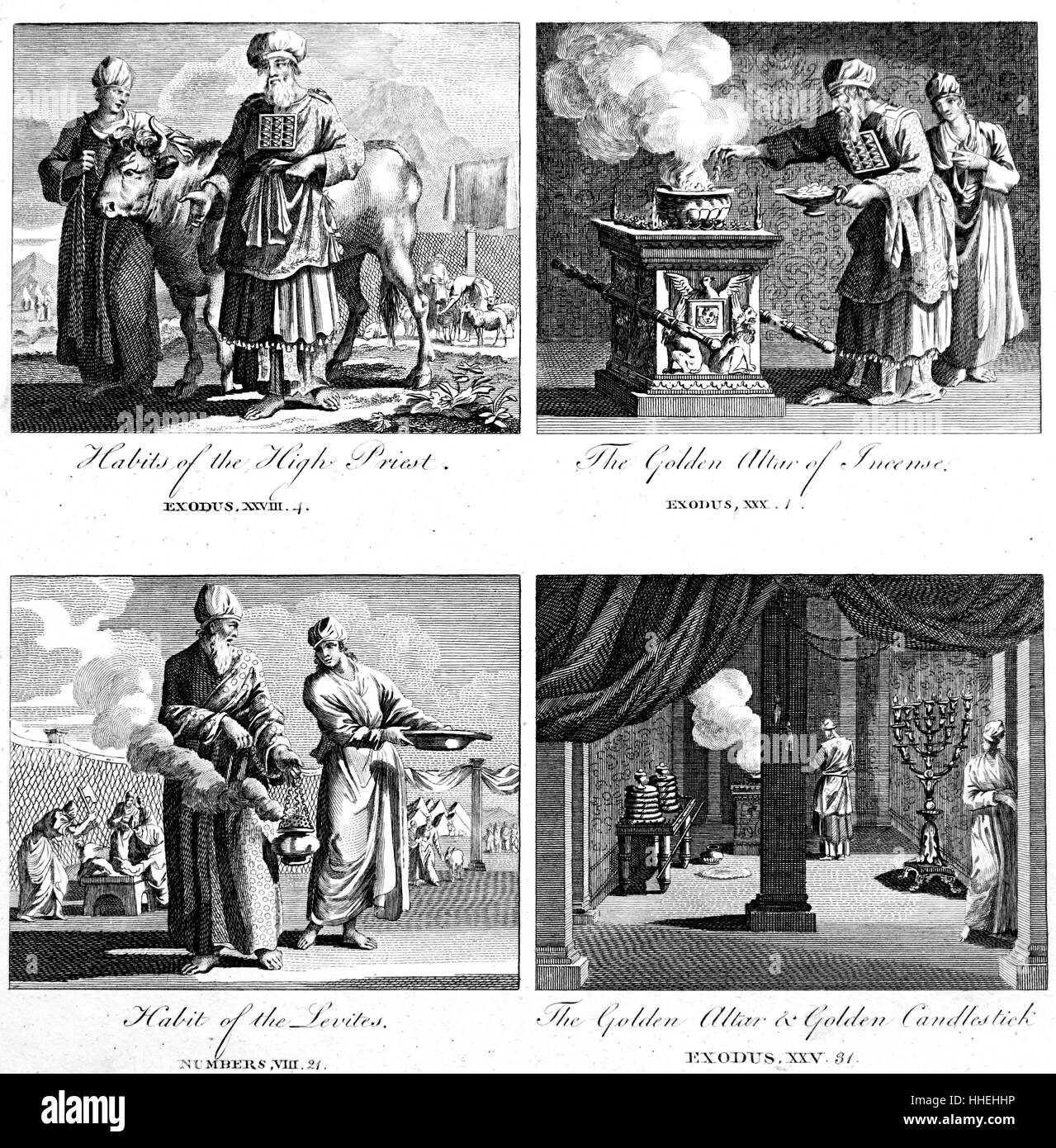 Quattro incisioni che mostra le funzioni dell' Alto sacerdoti nell'antico tempio ebraico di Gerusalemme. Datata del XIX secolo Foto Stock