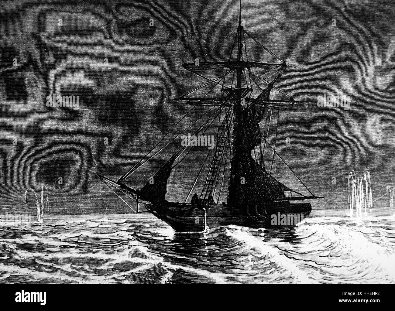 Incisione raffigurante il mare illuminato di fosforescenza di notte. Datata del XIX secolo Foto Stock