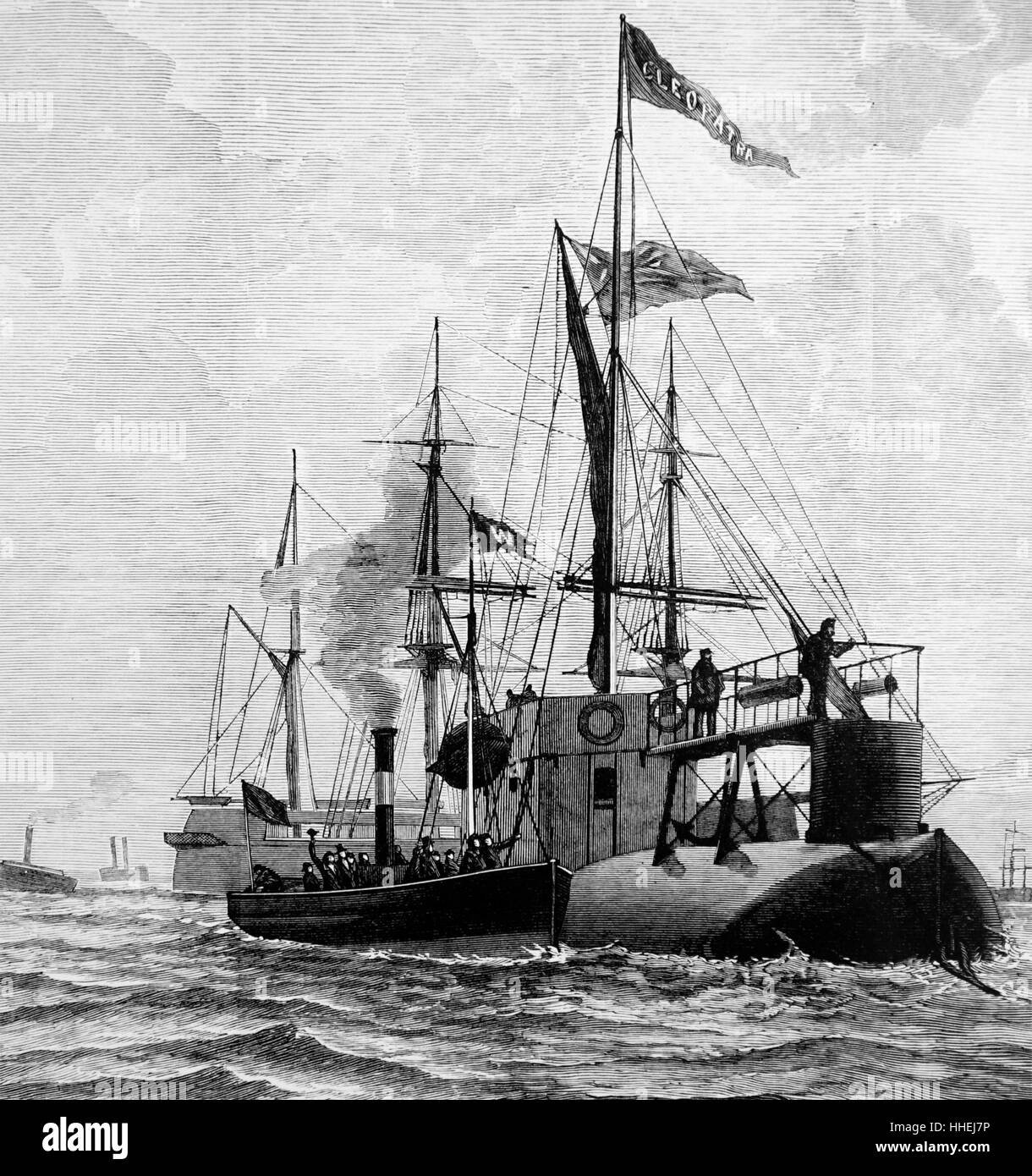 Illustrazione raffigurante il lancio di vapore proveniente al fianco di Cleopatra Needle quando è arrivato nel Tamigi a Gravesend. Datata del XIX secolo Foto Stock