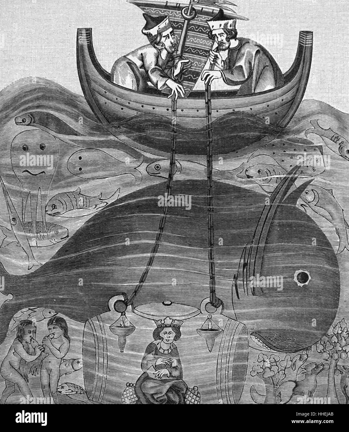 Incisione raffigurante la profondità del mare nel XIII secolo Foto Stock