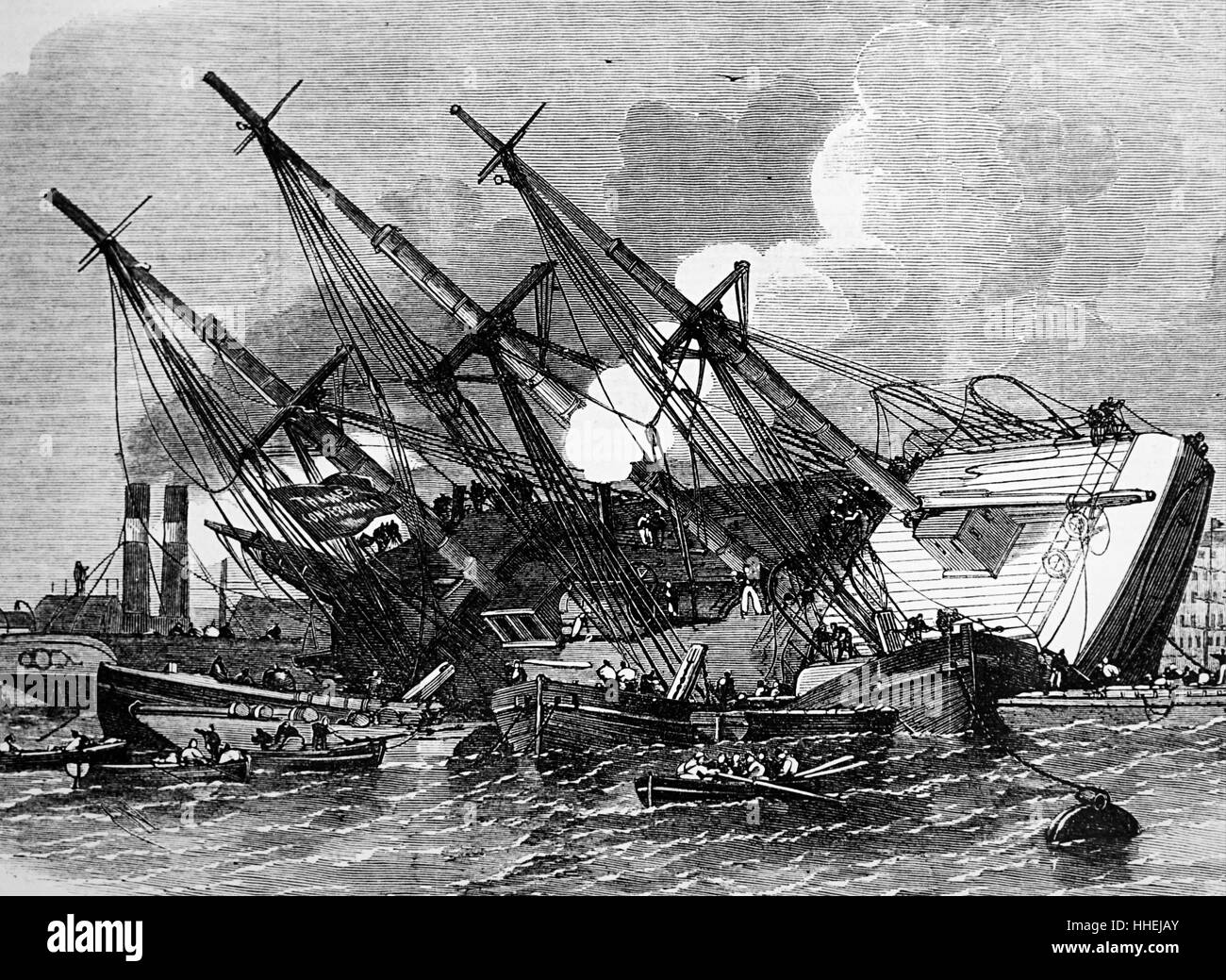 Incisione raffigurante il re-galleggiamento della nave di ferro il 'Gange". Datata del XIX secolo Foto Stock