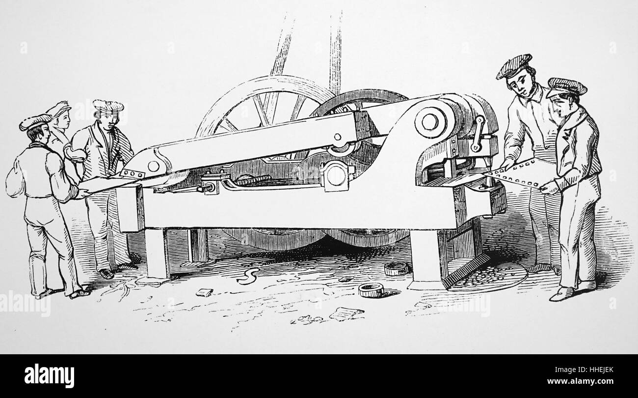 Illustrazione raffigurante il taglio e punzonatura della lamiera di ferro in un cantiere di Clyde. Datata del XIX secolo Foto Stock