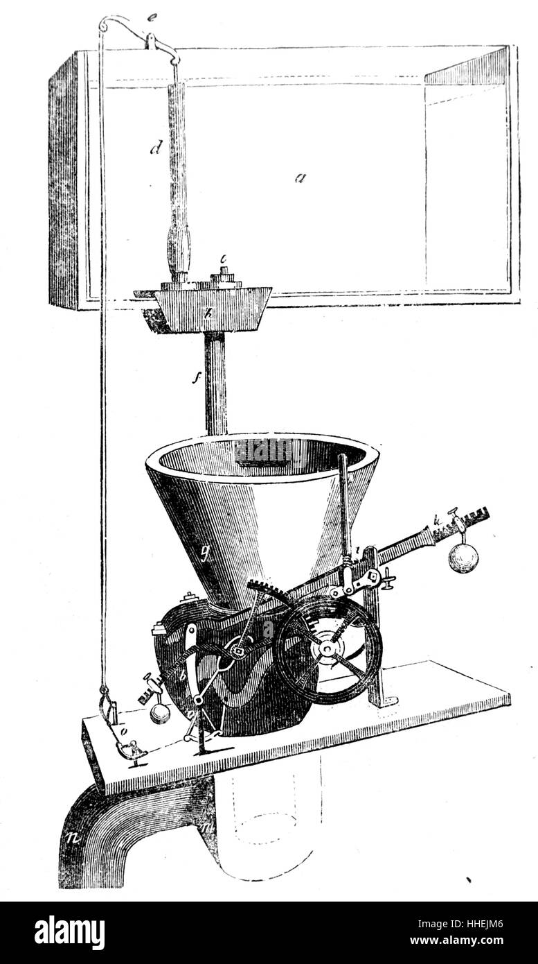 Incisione raffigurante Giovanni Downe's water closet automatica con meccanismo a filo. Datata del XIX secolo Foto Stock