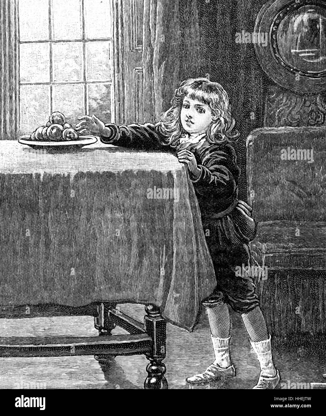 Incisione raffigurante un giovane bambino per raggiungere un trattamento sul tavolo. Datata del XIX secolo Foto Stock