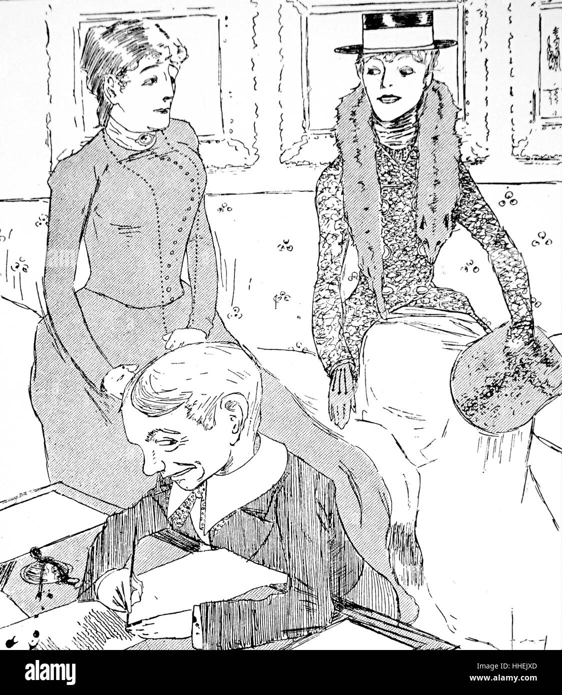 Illustrazione Inglese datato 1901. Un cattivo ragazzo è fatta per scrivere le linee come una punizione come due donne guardano su Foto Stock