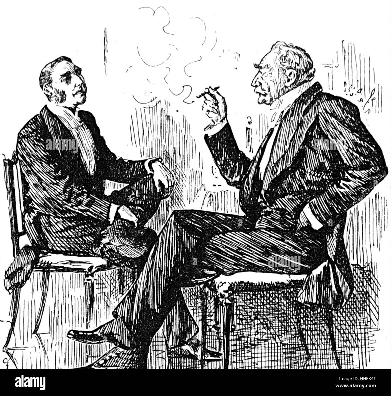Incisione raffigurante due colleghi fumare un sigaro e parlare per il dopo cena. Datata del XIX secolo Foto Stock