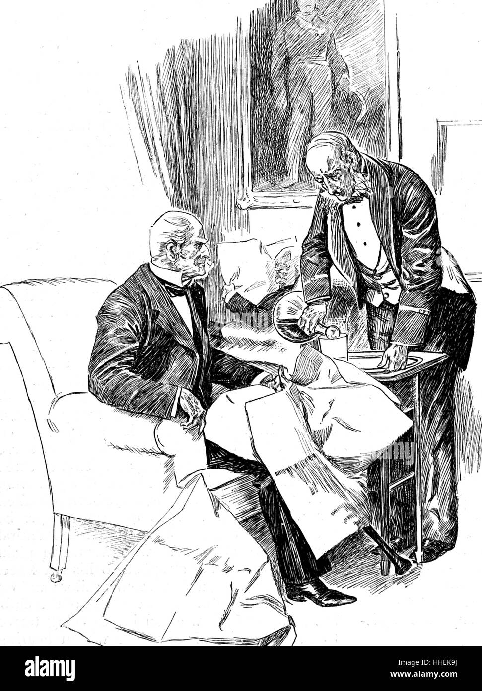 Illustrazione raffigurante un Club di Londra cameriere che serve un membro con un drink. Datata del XIX secolo Foto Stock