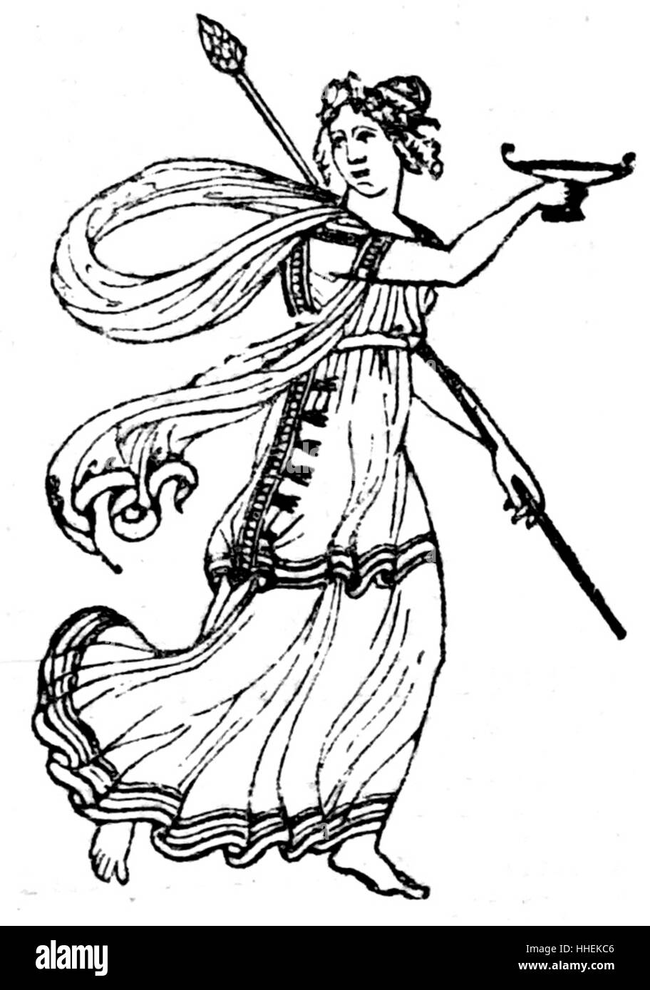 Xilografia stampa di un greco antico donna tenendo un libagioni cup e lancia. Datata xviii secolo Foto Stock