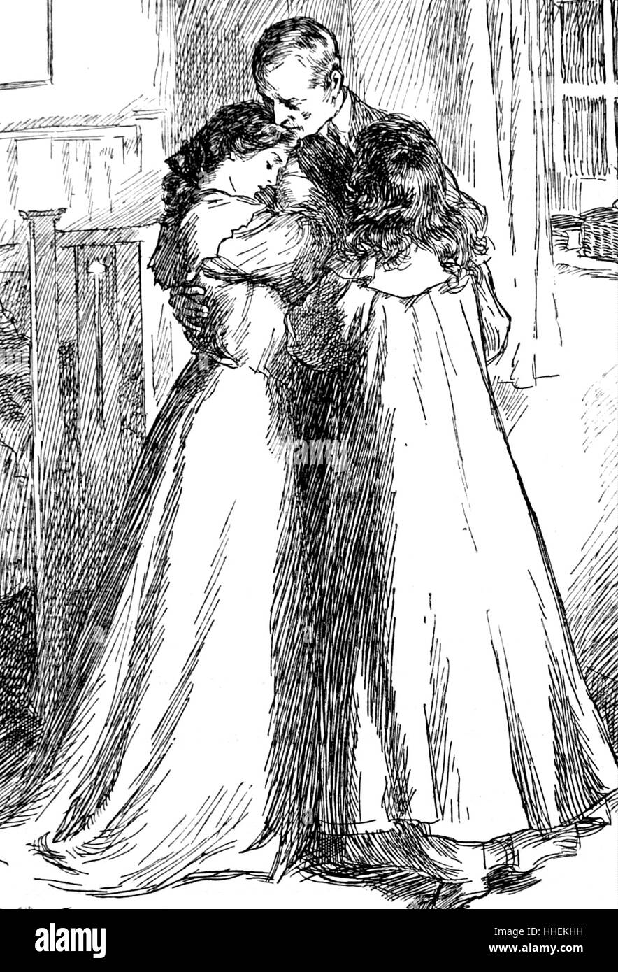 Illustrazione raffigurante un vedovo confortare le sue due figlie. Illustrato da Fred Pegram (1870-1987) un prolifico Illustratore Inglese e fumettista. Datata del XIX secolo Foto Stock