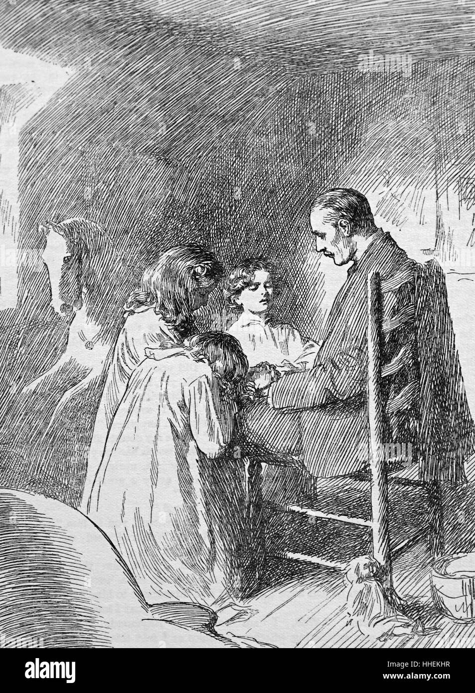 Illustrazione raffigurante un vedovo confortare i suoi figli. Illustrato da Fred Pegram (1870-1987) un prolifico Illustratore Inglese e fumettista. Datata del XIX secolo Foto Stock