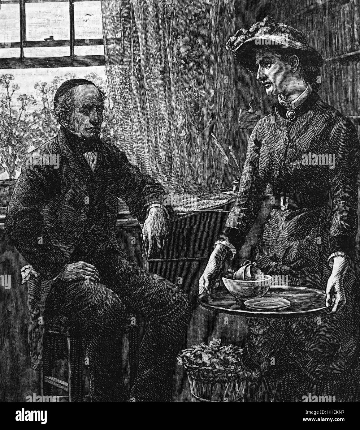 Illustrazione raffigurante un anziano vedovo seduto con sua figlia. Illustrato da Herbert osso (1853-1931). Datata del XIX secolo Foto Stock