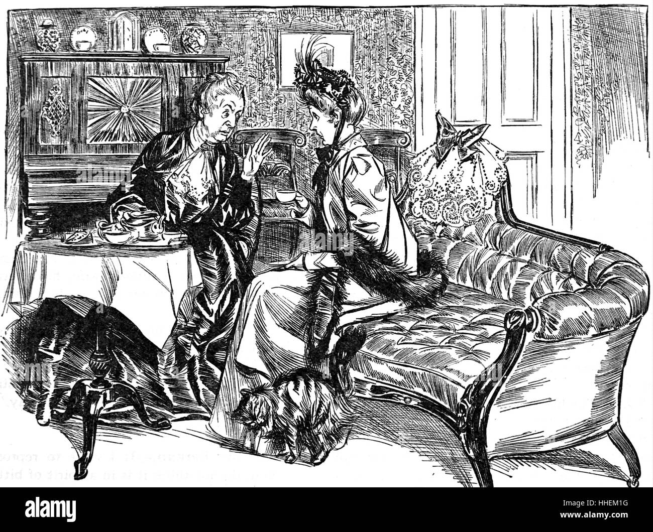 Cartoon raffiguranti due donne sat spettegolare oltre il tè del pomeriggio. In data xx secolo Foto Stock