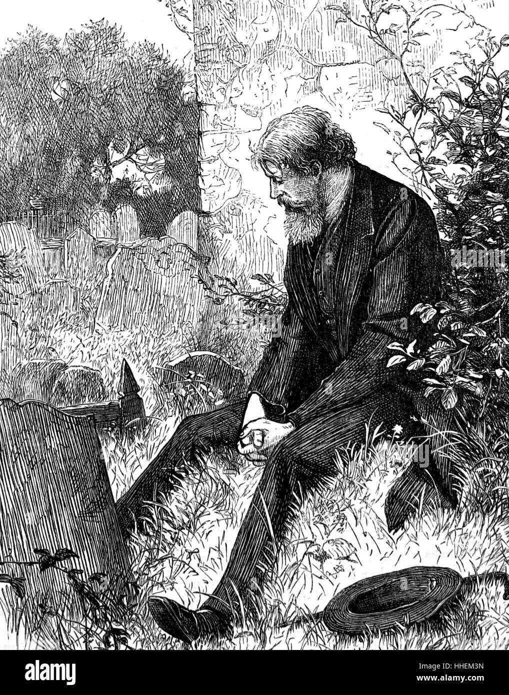 Illustrazione raffigurante un uomo presso la tomba del suo lungo-moglie morta. Datata del XIX secolo Foto Stock