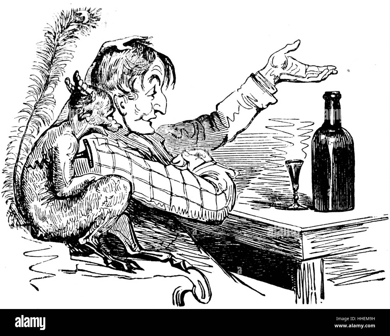 Cartoon raffigurante un uomo beve il gin con un demone. Datata del XIX secolo Foto Stock