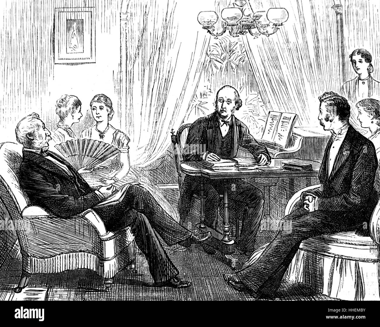 Illustrazione raffigurante un dopo cena salotto scena. Datata del XIX secolo Foto Stock