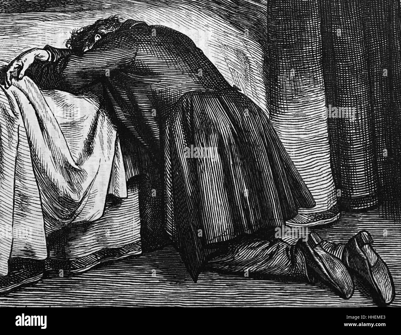 Illustrazione raffigurante un vedovo il lutto al letto di morte di sua moglie. Illustrato da John Dawson Watson (1832-1892) un pittore inglese, acquerellista e illustrator. Datata del XIX secolo Foto Stock
