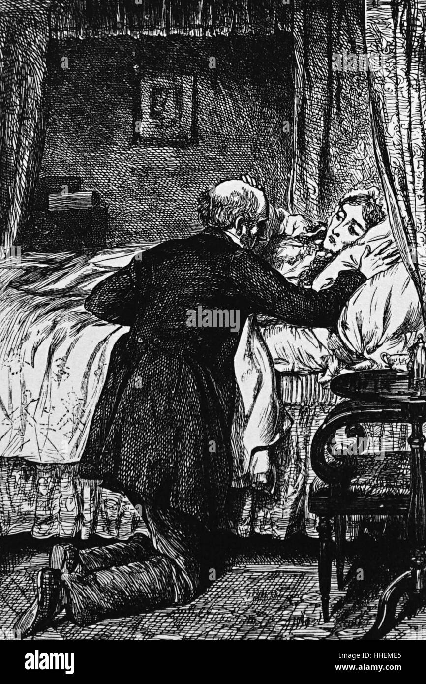 Illustrazione raffigurante un vedovo il lutto al letto di morte di sua moglie. Illustrato da Robert Barnes (1864-1875). Datata del XIX secolo Foto Stock