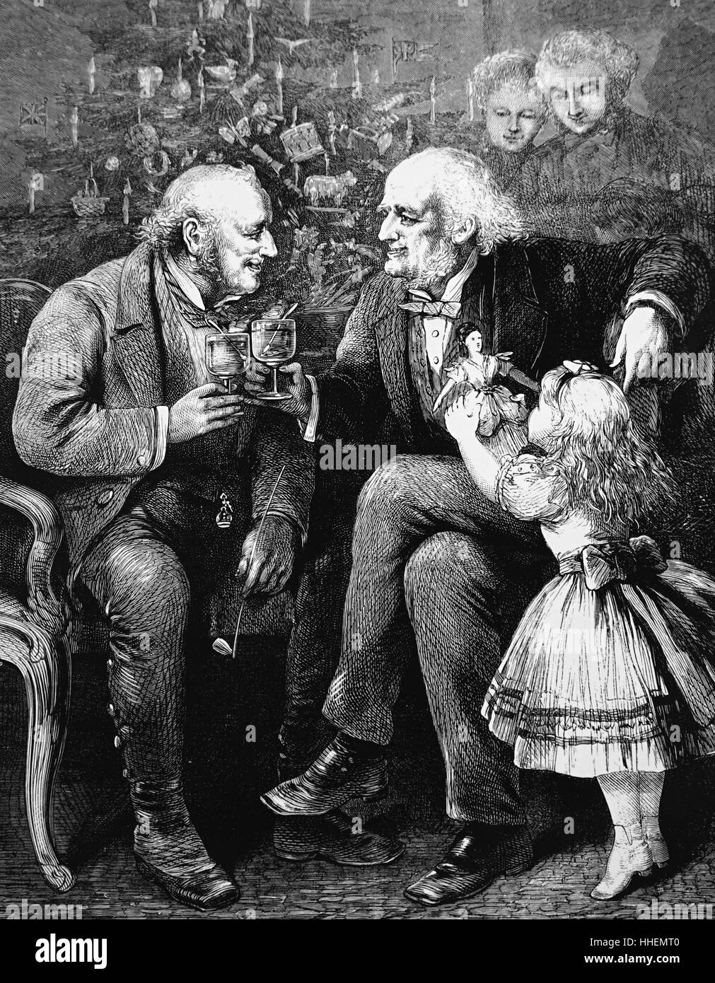 Illustrazione raffiguranti gli uomini anziani lo scambio di un Natale di toast. Datata del XIX secolo Foto Stock