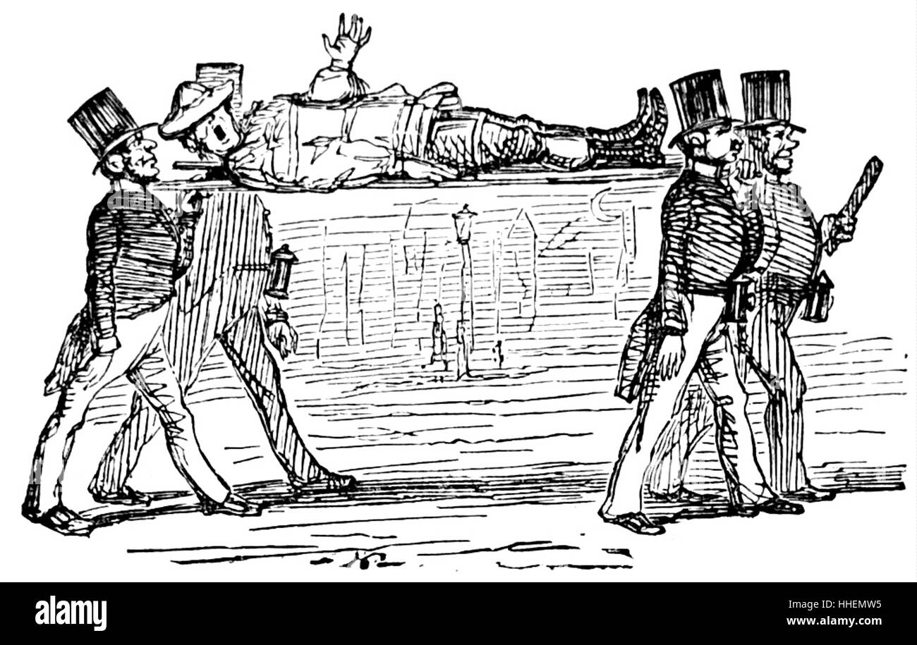 Cartoon raffigurante un soldato ferito viene trasportato su una barella da uomini in cima cappelli. Datata del XIX secolo Foto Stock
